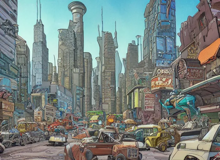 Prompt: close up view of a bustling city street on an alien planet by jeff darrow, earth and pastel colors, dramatic perspective