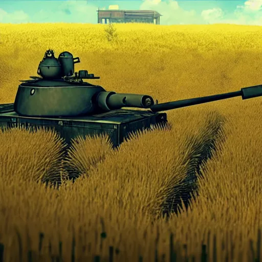 Image similar to a high resolution image from nier : automata, featuring 9 s android fighting a t 3 4 tank in yellow rye field under pure blue skies