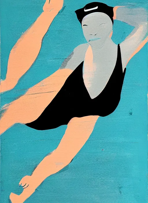 Image similar to acrylic painting on wood of a woman wearing a swimming cap diving from a high diving board into a pool. mid - drive. medium distance. teal, white, black and grayscale. simple. flat. vintage, mid - century modern.