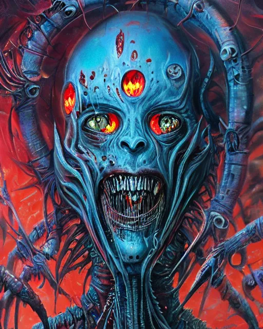 Image similar to charred bloody fleshmetal cyborg daemonhost psychedelic flamer of tzeentch, by antonio j. manzanedo, giger, alex grey, android jones, wayne barlowe, philippe druillet, raymond swanland, cyril rolando, josephine wall, harumi hironaka, cronenburg, trending on artstation