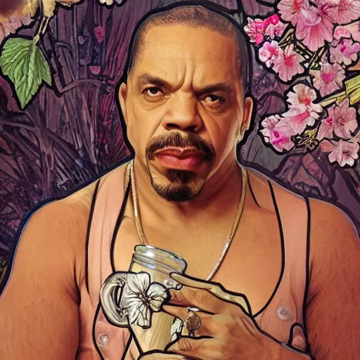 Prompt: ice - t, shot glass, by alfons mucha, golden hour, realistic, body shot, sharp focus, 8 k high definition, insanely detailed, intricate, elegant, cherry blossoms