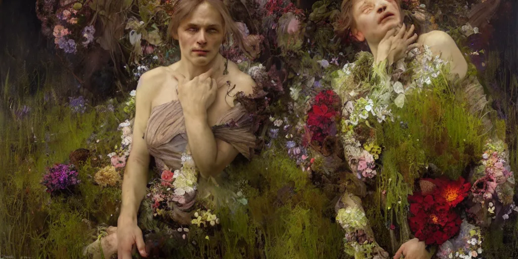 Image similar to hyperrealist portrait of a sad man covered in a dress of flowers, moss and fungi. by jeremy mann and alphonse mucha, fantasy art, photo realistic, dynamic lighting, artstation, poster, volumetric lighting, very detailed faces, 4 k, award winning