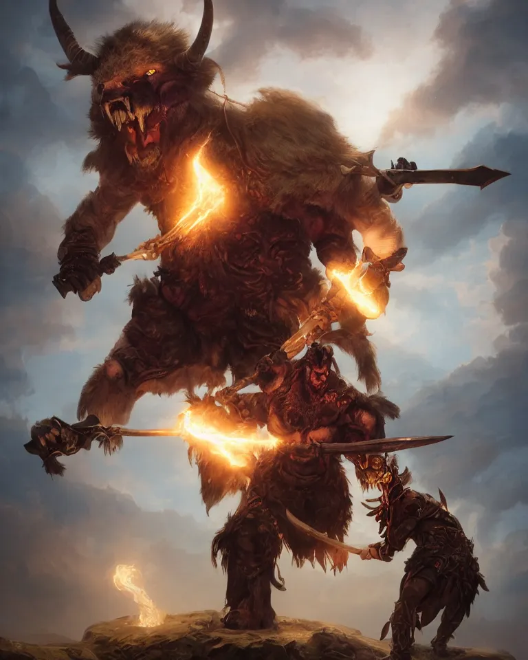 Image similar to portrait of a fantasy barbarian minotaur with giant horns, golden nose ring, purple fungal organic prosthetic arm, wielding an axe with a bone handle, glowing aura, 4 k, concept art, matte painting, greg rutkowski, artstation