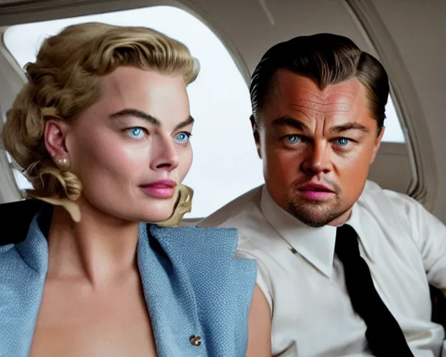 Image similar to leonardo dicaprio as the wolf of wall street next to margot robbie as naomi from the wolf of wall street in a helicopter, hyper realistic faces, beautiful eyes, cinematic, long shot, hyper detailed, 8 5 mm photograph, 8 k resolution, film still, sharp lens, wide lens