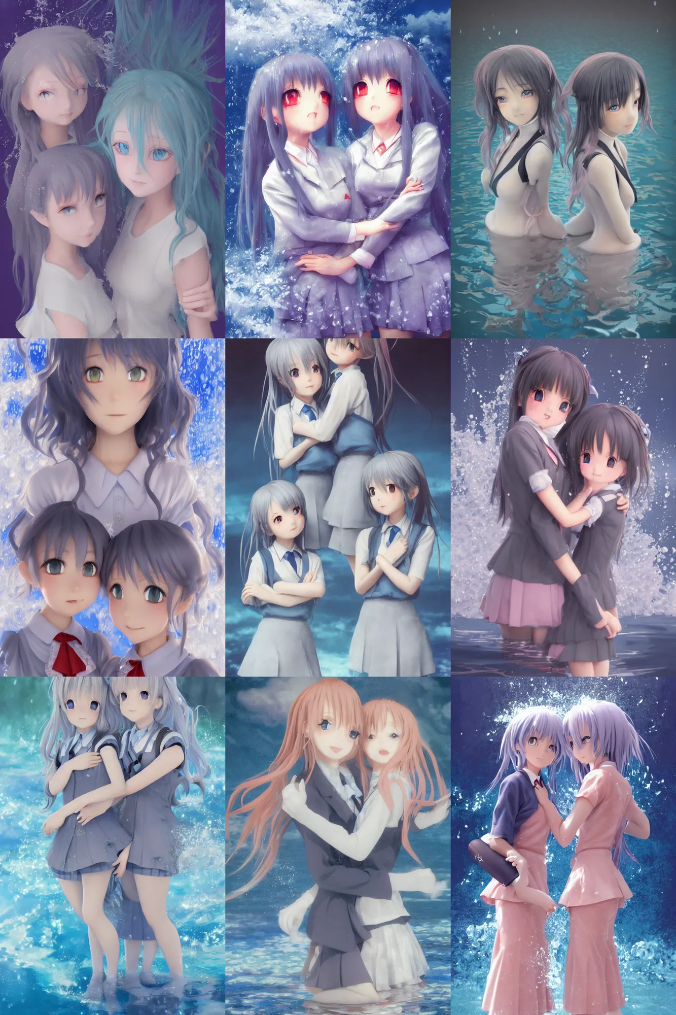 Prompt: a neat 3d infrared render portrait of beauty 3d anime schoolgirls hugged under exploded water. school best friends. blue water hawaii. ultra cutest face and grey hair. dramatic light, trending on artstation, art by hiro kiyohara and hayao miyazaki oil painting.