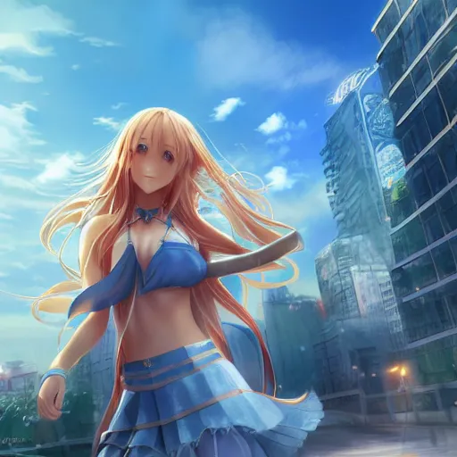 Prompt: a giant macro very beautiful young yuuki asuna, full body, long wavy blond hair, sky blue eyes, full round face,, bikini, miniskirt, stepping on a miniature city, cinematic wallpaper by stanley artgerm lau