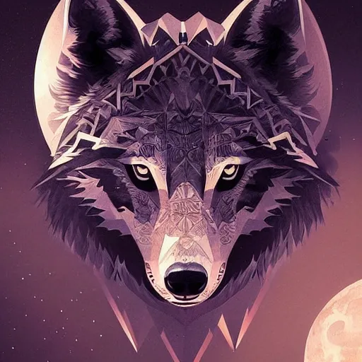 Image similar to Geometric Wolf, moon in the background, intricate, elegant, highly detailed, digital painting, artstation, concept art, smooth, sharp focus, illustration, art by artgerm and greg rutkowski and alphonse mucha