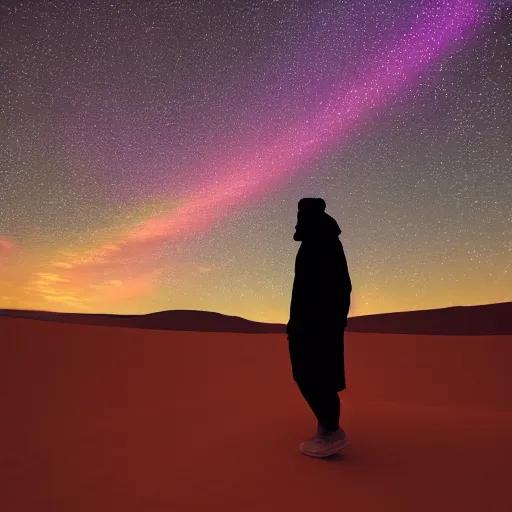 Image similar to a photo of a silhouette of a person in a color lit desert at night