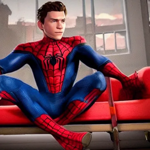 Prompt: tom holland plays video game spider man on his couch