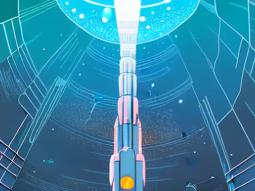 Image similar to a scifi illustration, hyper detailed external view of a space elevator. cinematic wide angle composition. flat colors, limited palette in FANTASTIC PLANET La planète sauvage animation by René Laloux