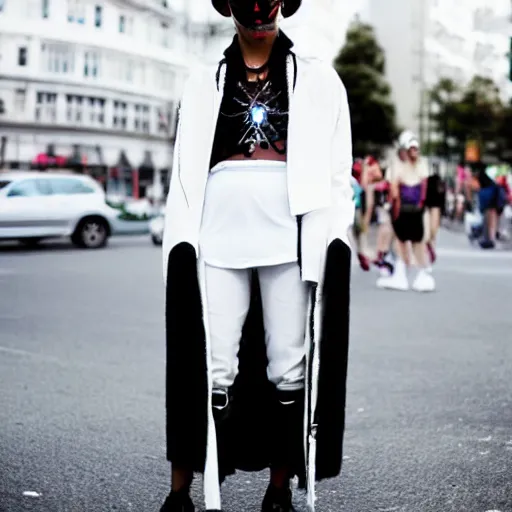 Image similar to kitsch fashion, street fashion, rave fashion, androgynous people in white clothes, new age, vogue