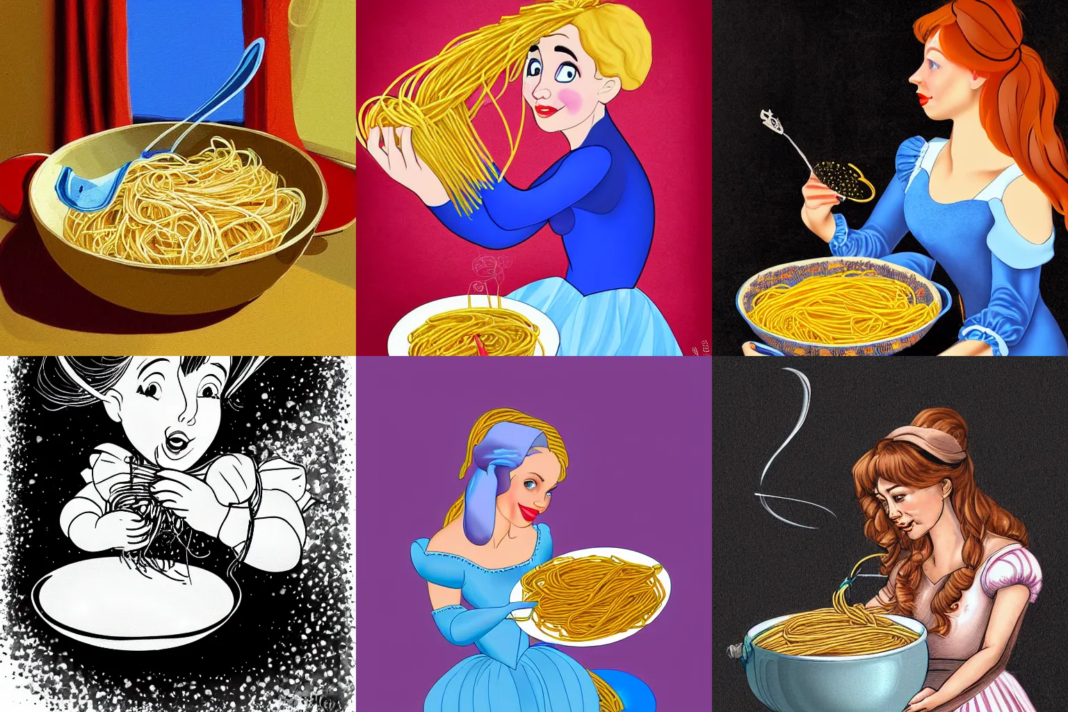 Prompt: Cinderella eating a bowl of spaghetti, digital art