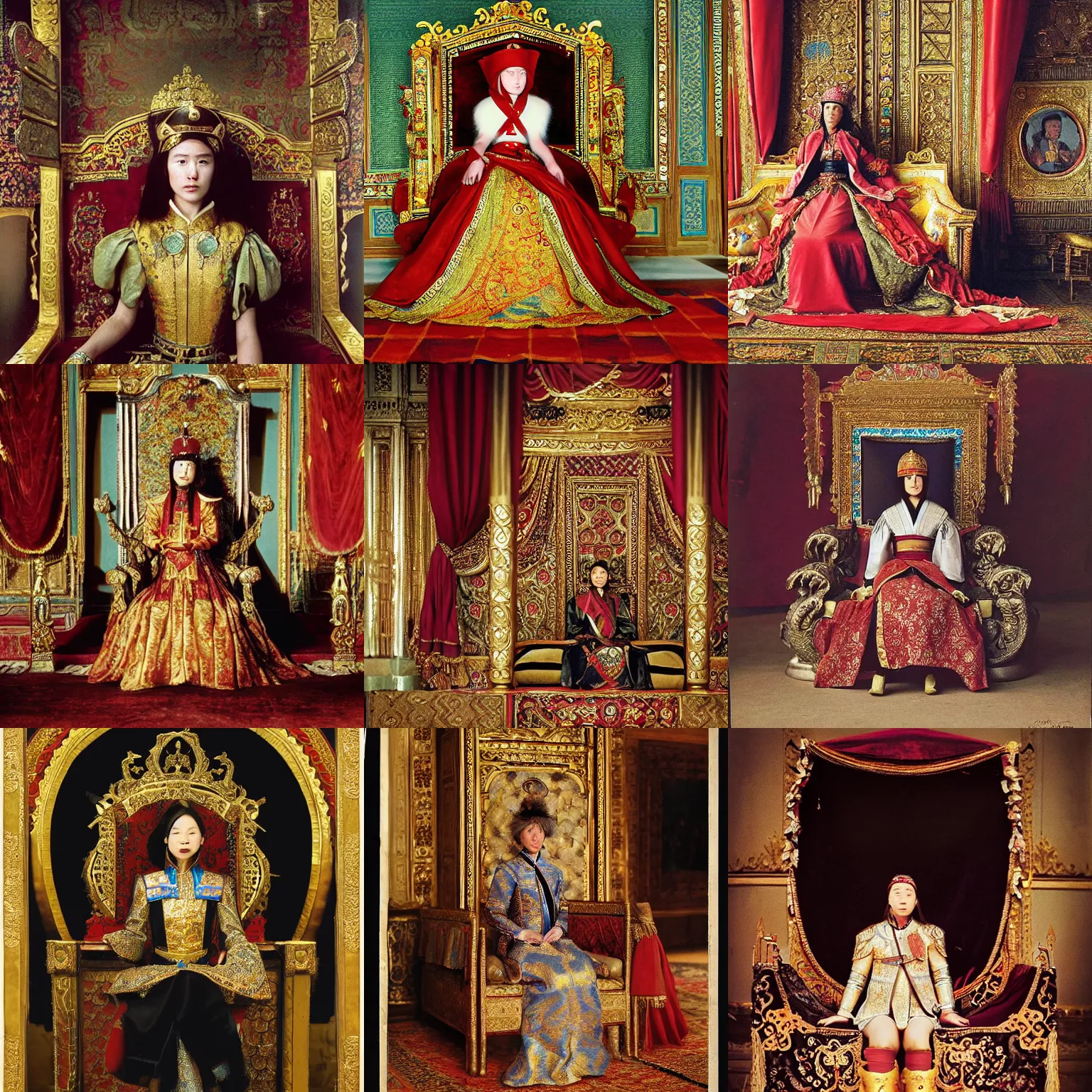 Prompt: A young woman as Genghis Khan, sitting on a throne, interior of Buckingham Palace, lavishly decorated, ornate, 1683, alternate history, photography by Annie Leibovitz