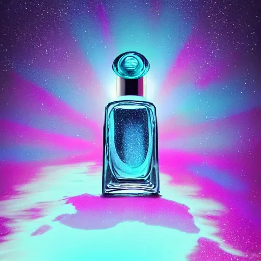 Image similar to advertisement for a blue perfume bottle surrounded by turquoise water droplet and galactic waves, textless, lonely world still shining through faintly rainbow led lights, beautiful surreal scenery artwork, soul dust, unthinkable dream sublime god lighting, sun rays, cold colors, insanely detailed, artstation!! pixiv!! infinitely detailed