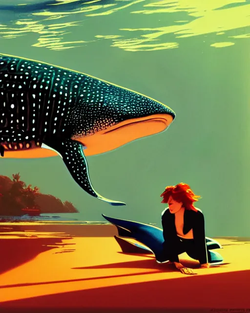 Image similar to whale shark with redhead girl, radiant lighting, cinematic, artstation by syd mead