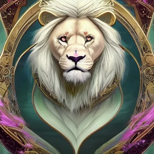 Prompt: aesthetic portrait commission of a albino muscular and attractive anthro lion with mane turning into green cosmic smoke while wearing an attractive pastel greek jeweled outfit floating inside a floating palace in the clouds, minimalistic art, hyperdetailed. Character design by charlie bowater, ross tran, artgerm, and makoto shinkai, detailed, inked, western comic book art, 2021 award winning painting