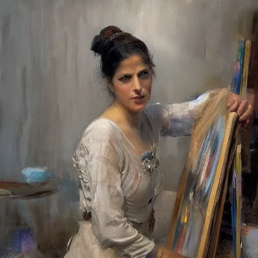 Image similar to extraordinary portrait : mata hari in checked shirt, modern hairstyle, blonde, in her art studio. precise detail. art by anders zorn, wonderful masterpiece by greg rutkowski, beautiful cinematic light, american romanticism by greg manchess, jessica rossier