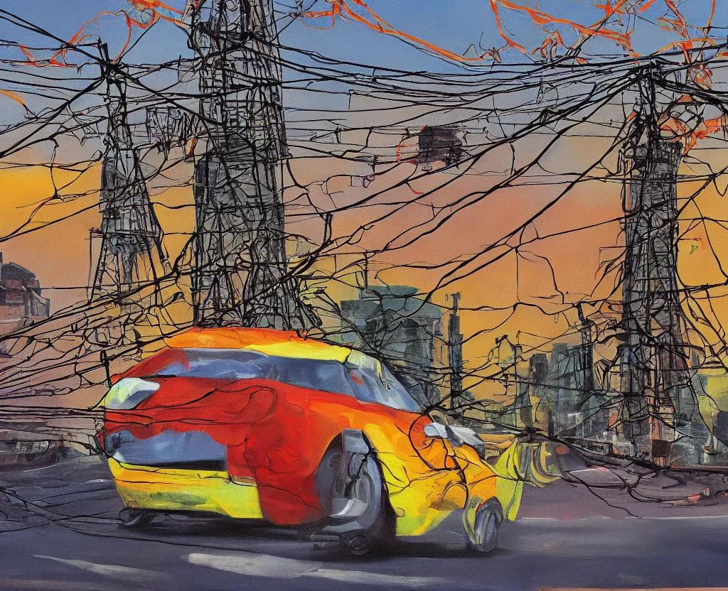 Image similar to a surreal painting of a frightened car being menaced by high - tension wires, saturated color scheme