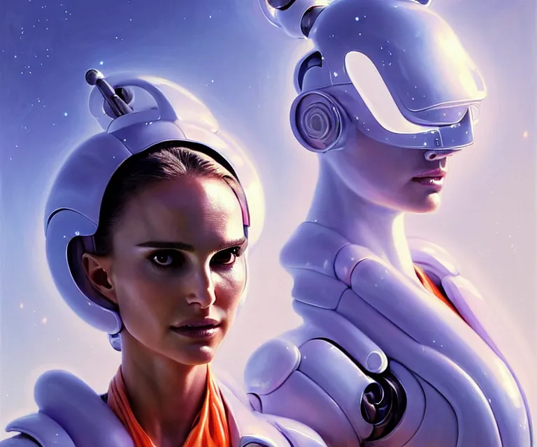 Image similar to beautiful fantasy character portrait, natalie portman, wearing orange puffy bomber jacket with white fur, seductive reclining pose, futuristic robots, ultra realistic, dramatic lighting, robots, the fifth element artifacts, highly detailed by peter mohrbacher, hajime sorayama, wayne barlowe, boris vallejo, aaron horkey, gaston bussiere, craig mullins