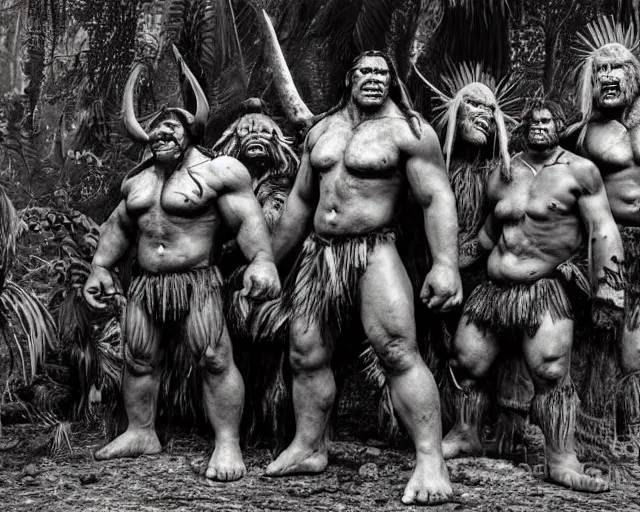 Image similar to hyper realistic group vintage photograph of a live action warcraft orc warrior tribe in the jungle, tall, hulk like physique, detailed faces, tribal paint, tribal armor, grain, old, monochrome, sepia toned, realistic lighting, wide angle