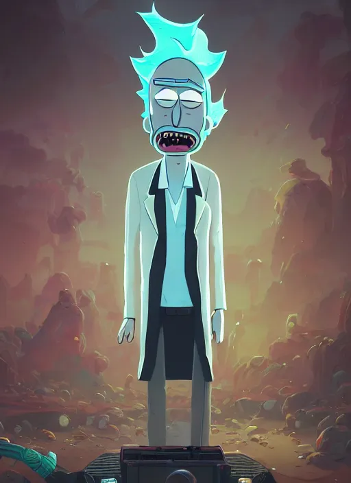 Image similar to fantasy portrait of drunk alcoholic rick from rick & morty, intricate abstract. intricate artwork, by greg rutkowski, wlop, beeple, dan mumford. concept art, octane render, trending on artstation, greg rutkowski very coherent symmetrical artwork. cinematic, key art, hyper realism, high detail, octane render, 8 k, iridescent accents