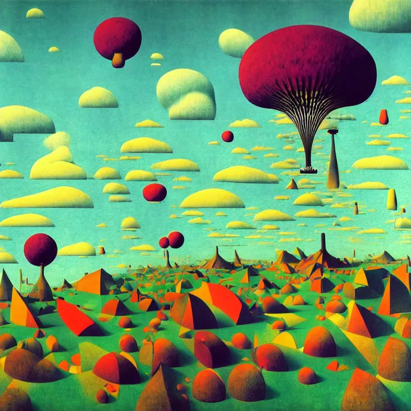 Image similar to surreal glimpse into other universe, zeppelin, island, summer morning, very coherent and colorful high contrast, art by! gediminas pranckevicius, rene magritte! paul klee geof darrow, volumetric lighting, cinematic, floralpunk screen printing woodblock, dark shadows, hard lighting, stipple brush