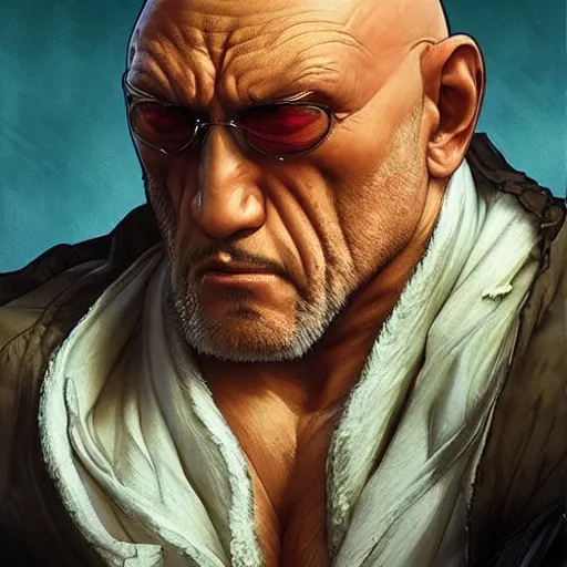 Image similar to mike ehrmantraut as sagat street fighter, 4 k, ultra realistic, detailed focused art by artgerm and greg rutkowski and alphonse mucha