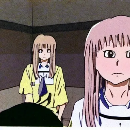 Image similar to screenshot from guro anime, 8 0's horror anime, yellowed grainy vhs footage with noise, four schoolgirls trapped in a bathroom, bathroom stalls and sinks and tiled floor, girls are in beige sailor school uniforms, one girl has white hair, detailed expressive faces, various hair colors and styles, in the style of studio ghibli,