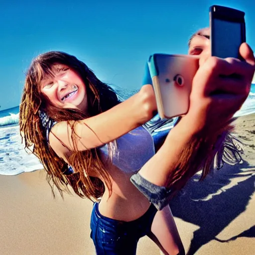 Image similar to Professional photograph, long shot, Smiling girl taking a selfie with a giant creature washed up on the beach