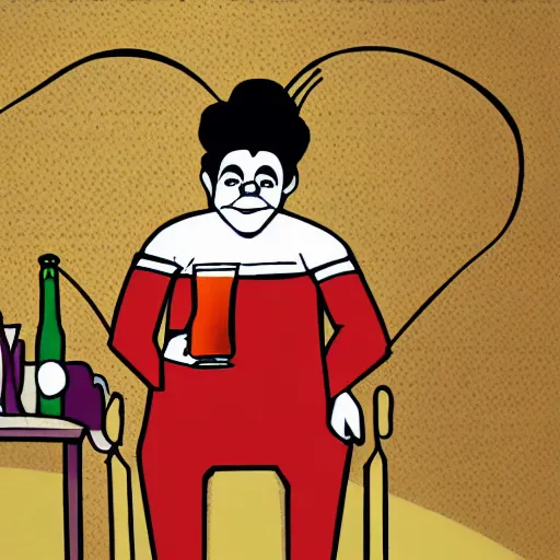 Image similar to illustration of the greek god eros who is a clown, has hurt his knee, sitting in a chair and is watching the game on tv, beer in hand