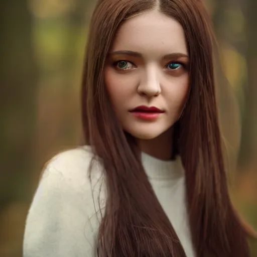 Image similar to real life photo of a beautiful girl, full body photoshoot, long black hair, brown eyes, full round face, short smile, brown sweater, forest setting, cinematic lightning, medium shot, mid - shot, highly detailed, trending on artstation, unreal engine 4 k, 8 0 mm, 8 5 mm, cinematic wallpaper
