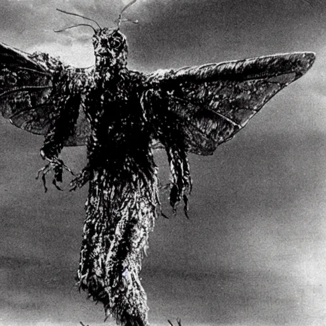 Prompt: image still of a Mothman, 80’s monster horror movie
