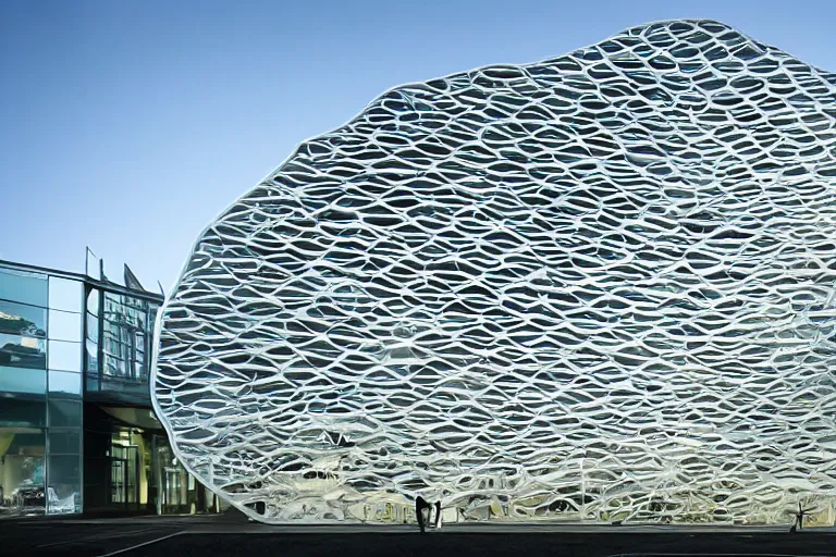 Prompt: Futuristic Facades with biomimicry carvings