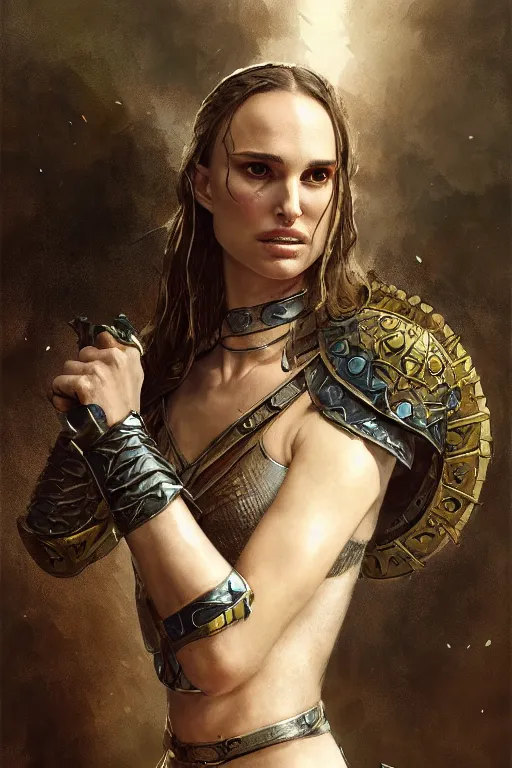 Prompt: natalie portman, legendary warrior, heroic fighter, lord of the rings, tattoos, decorative ornaments, battle armor, by carl spitzweg, ismail inceoglu, vdragan bibin, hans thoma, greg rutkowski, alexandros pyromallis, perfect face, finely detailed, realistic shading