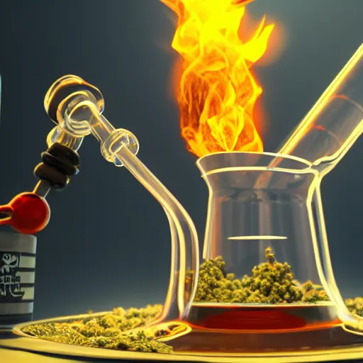 Prompt: beaker bong. cannabis weed nugs, water pipe, fire, smoke, octane render, 8 k, ultra hd, unreal engine 5, ray tracing