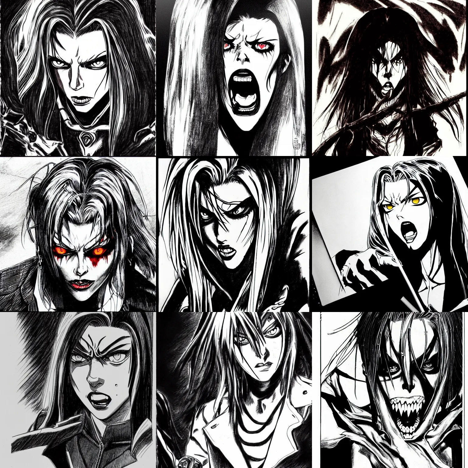 Prompt: scary scarlett johansson with angry expression as vampire in van hellsing anime. dramatic lighting, anime style, pencil and ink manga drawing, centered in panel