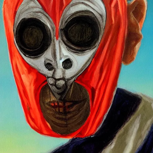 Image similar to painting of an old man wearing a scary mask