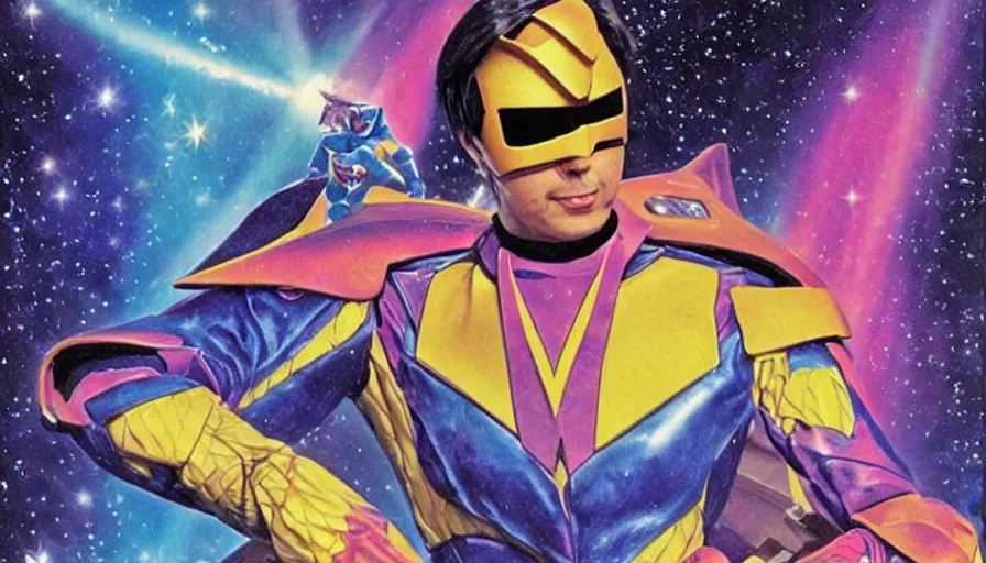 Image similar to Carl Sagan as Power Ranger, art by Noriyoshi Ohrai and Lisa Frank