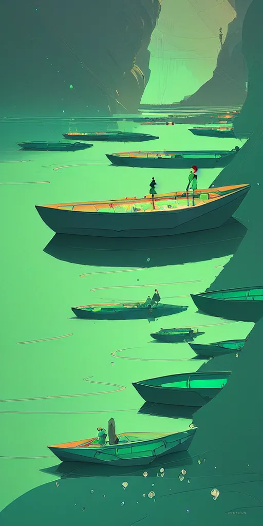 Image similar to by moebius and atey ghailan | a bright green river with clear crystal boats moving up and down it |