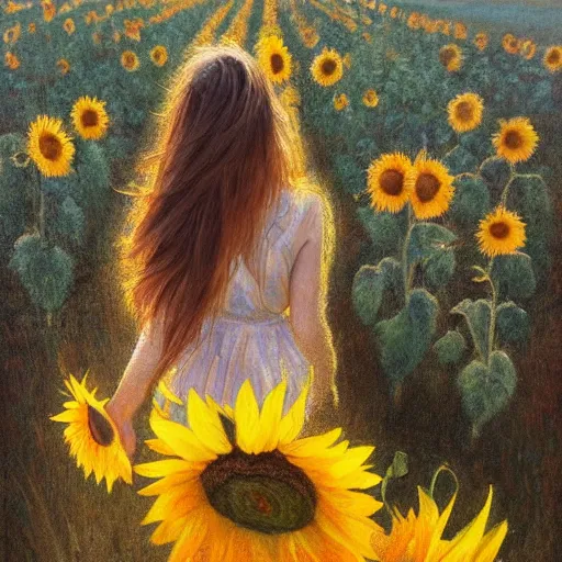 Image similar to a girl slowly walking through amazing tall sunflower field, her hair flowing down, subtle, intricate details, real masterpiece, oil on canvas, by somsak anong