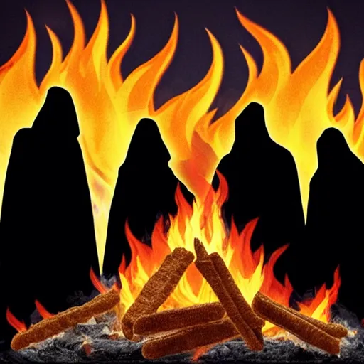 Prompt: a cult of black cloak wearing individuals summon a demonic bag of Fritos brand corn chips from the depths of a raging fire pit. Flames are emerging from fissures in the ground.