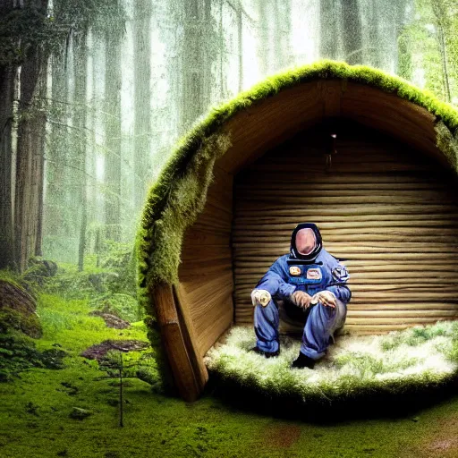 Prompt: photograph of an astronaut sitting inside a small wooden hut, heavy rain, alien planet, portrait picture, trees, forest, ferns, moss, wet, astronaut is relaxing