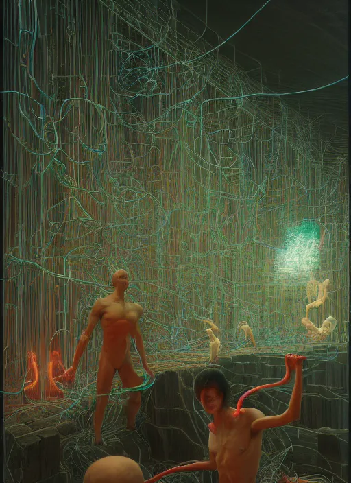 Image similar to HE AWAKENED, neon, they are watching, RGB, glowing wires everywhere, pristine, by Edgar Maxence and Ross Tran, Zdzisław Beksiński, and Michael Whelan, distant, gustav dore, H.R. Giger, 8k, octane render