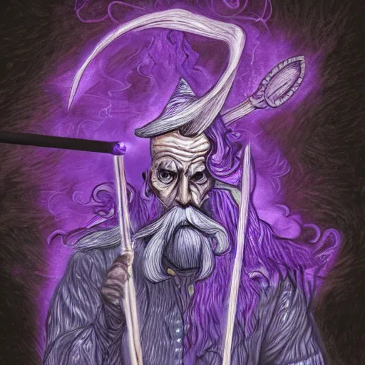 Prompt: an extremeley detailed color drawing of a wizard made of smoke holding a purple staff while casting a spell, digital artwork, 4 k,