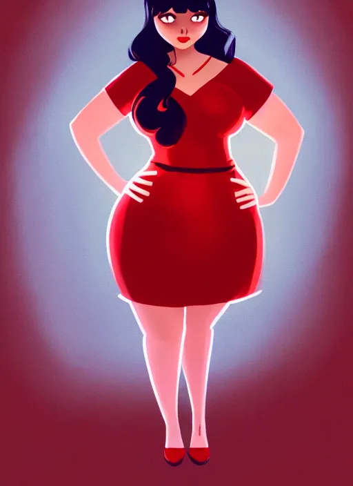 Image similar to full body portrait of teenage veronica lodge, obese, bangs, sultry, realistic, sultry smirk, wavy hair, red skirt, fat, belly, intricate, elegant, glowing lights, highly detailed, digital painting, artstation, concept art, smooth, sharp focus, illustration, art by wlop, mars ravelo and greg rutkowski