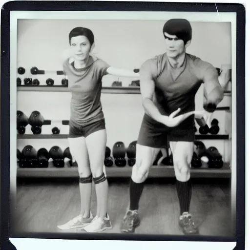 Image similar to a polaroid picture of Dr Emmet Brown and Commander Spock working out in a gym, 4k,