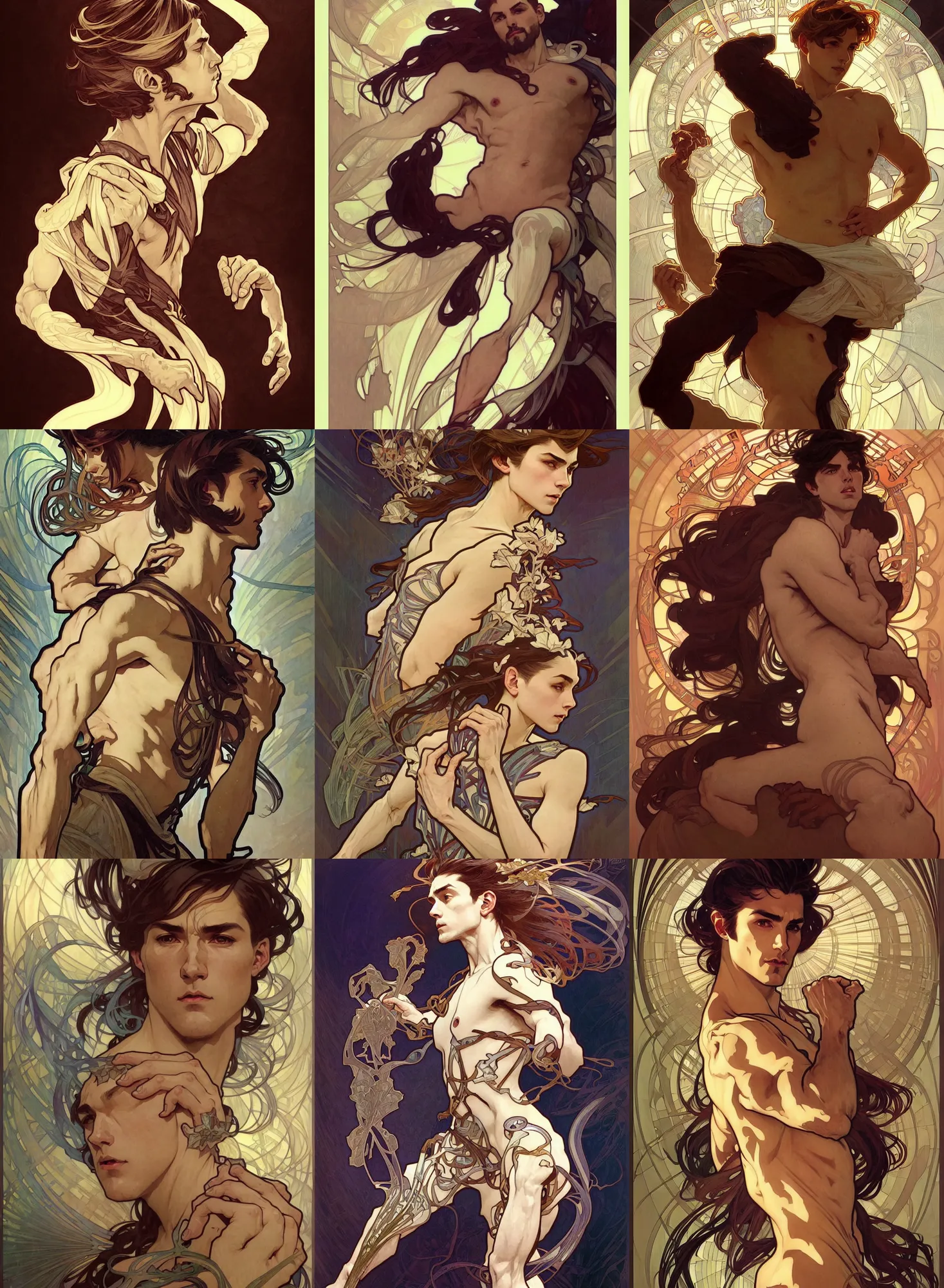 Prompt: deco art by artgerm and greg rutkowski and alphonse mucha. clear portrait of a lonely attractive men, hyper detailed, character concept, full body!! dynamic pose, glowing lights!! intricate, elegant, highly detailed, digital painting, artstation, concept art, smooth, sharp focus, illustration, art by artgerm and greg rutkowski and alphonse mucha