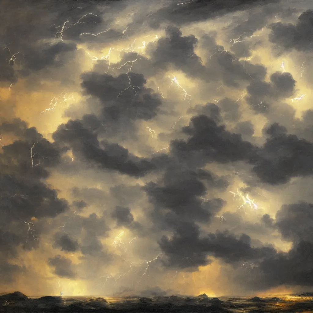 Image similar to thunderstorm with lots of lightning, oil painting