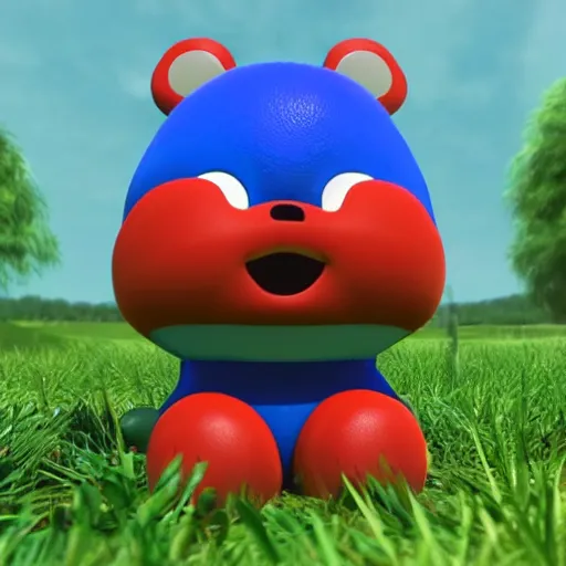 Prompt: a small blue animal sitting on top of a lush green field, a screenshot by ken sugimori, tumblr, toyism, ps 1 graphics, physically based rendering