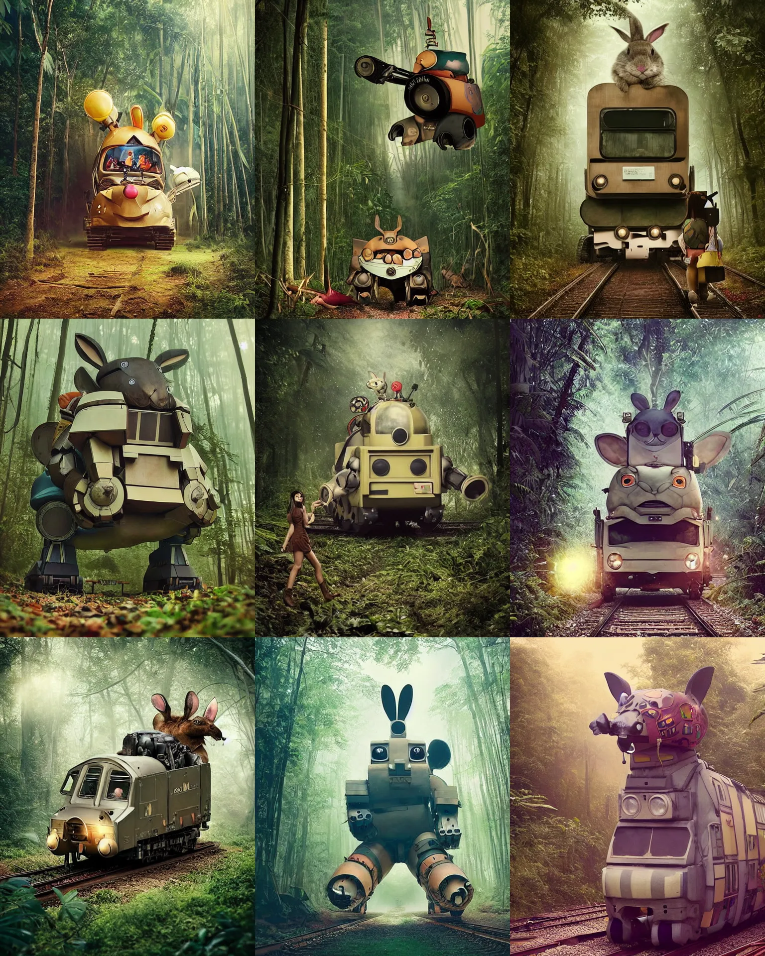 Prompt: epic chase !!!giant oversized battle rabbit robot chubby fat mech with big ears as double decker train , in jungle forest !!! , full body , nighttime, Cinematic focus, Polaroid photo, vintage , neutral dull colors, foggy ,by oleg oprisco , by victor enrich , by gregory crewdson , by discovery channel